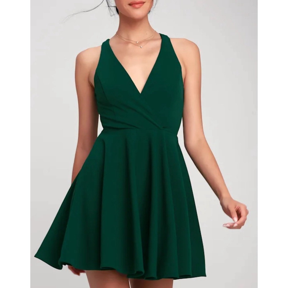 Lulus Wonder Whirl Dark Green Twist Back Skater Dress XS NWT‎ $49 MSRP Cocktail - Picture 3 of 11